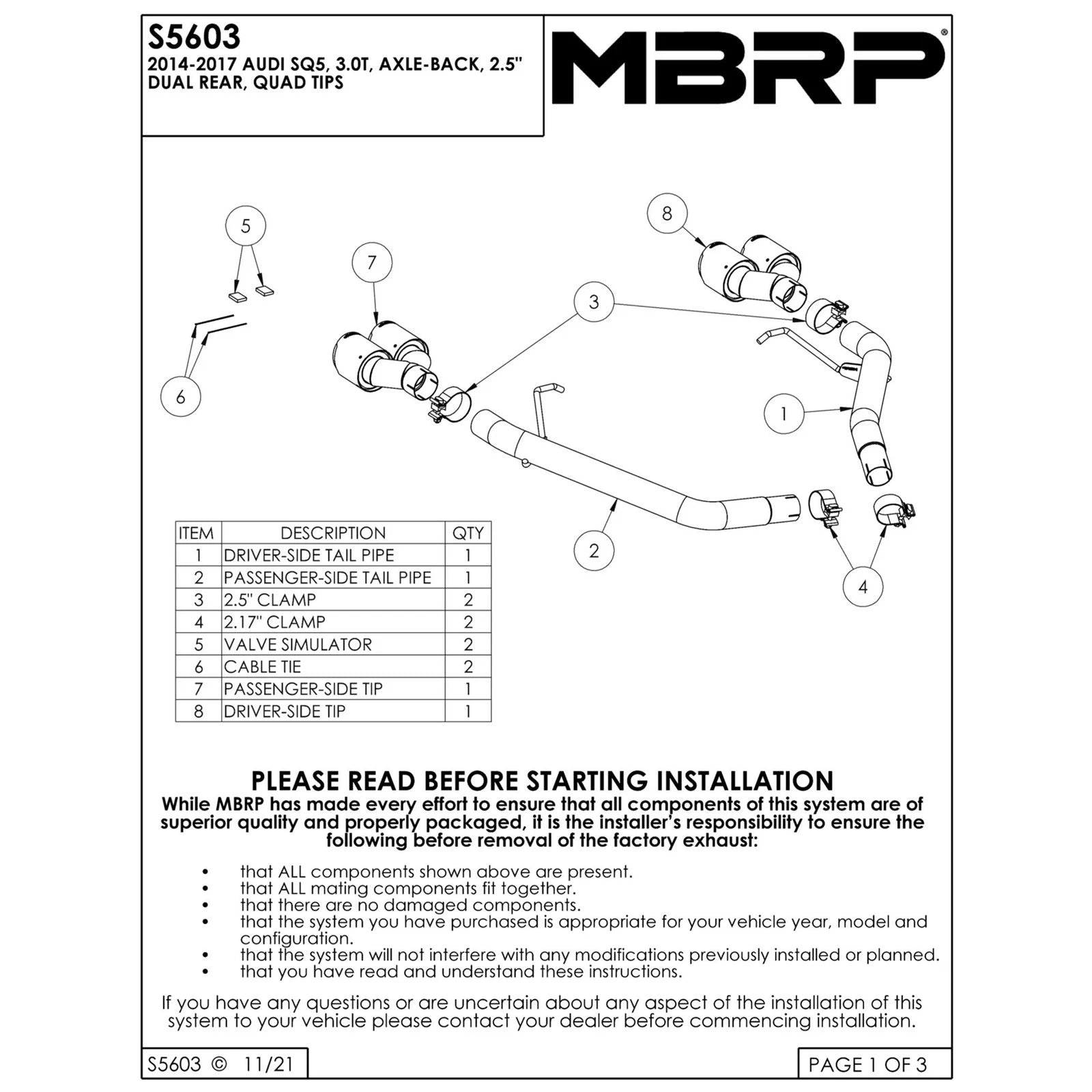 MBRP 14-17 Audi SQ5 3.0T Dual Rear Exit Axle Back w/ Quad Carbon Fiber Tips - T304