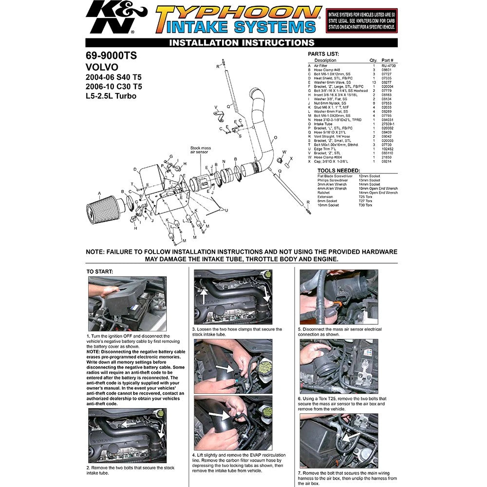 K&N Performance Intake Kit TYPHOON; VOLVO S40, 2004-2005
