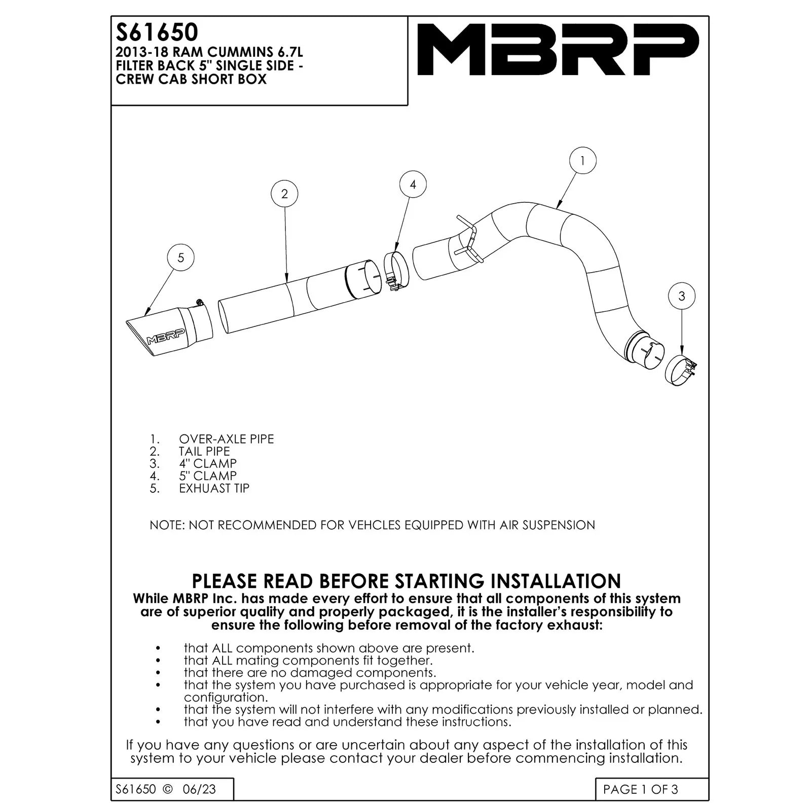 MBRP 13-14 Dodge Ram 2500/3500 Cummins 6.7L 5in Filter Back Exhaust Single Side Exit Aluminum CC/SB