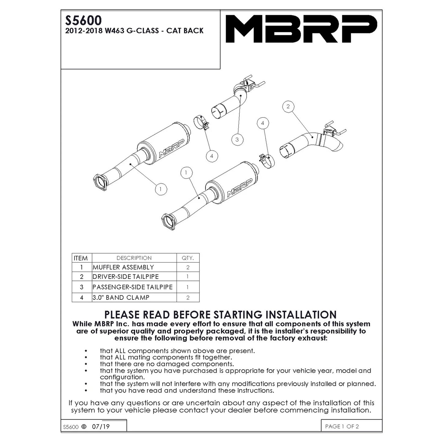 MBRP 03-18 Mercedes-Benz W463A G-Class 3in Cat Back Dual Turn Down T304