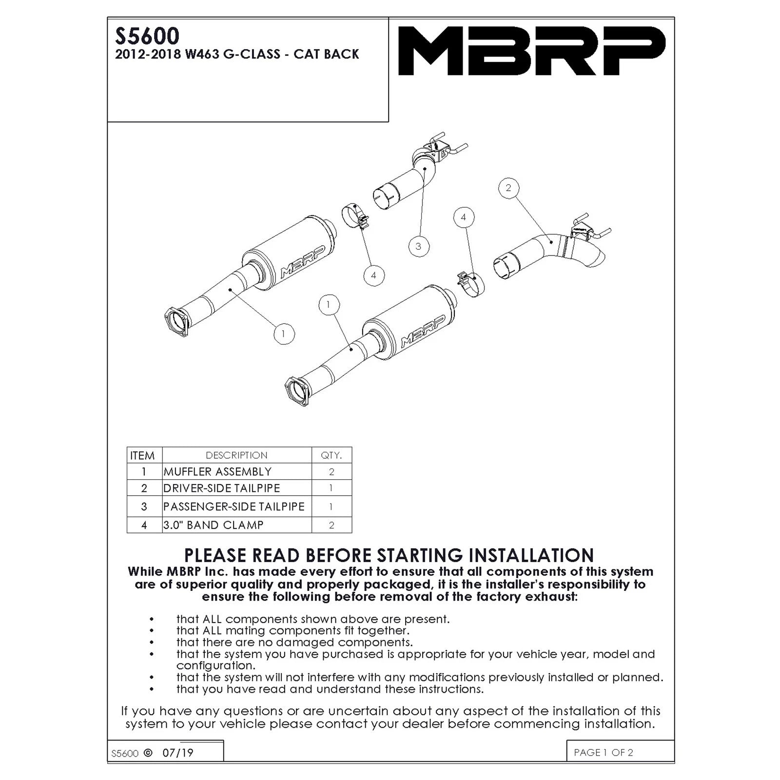 MBRP 03-18 Mercedes-Benz W463A G-Class 3in Cat Back Dual Turn Down T304