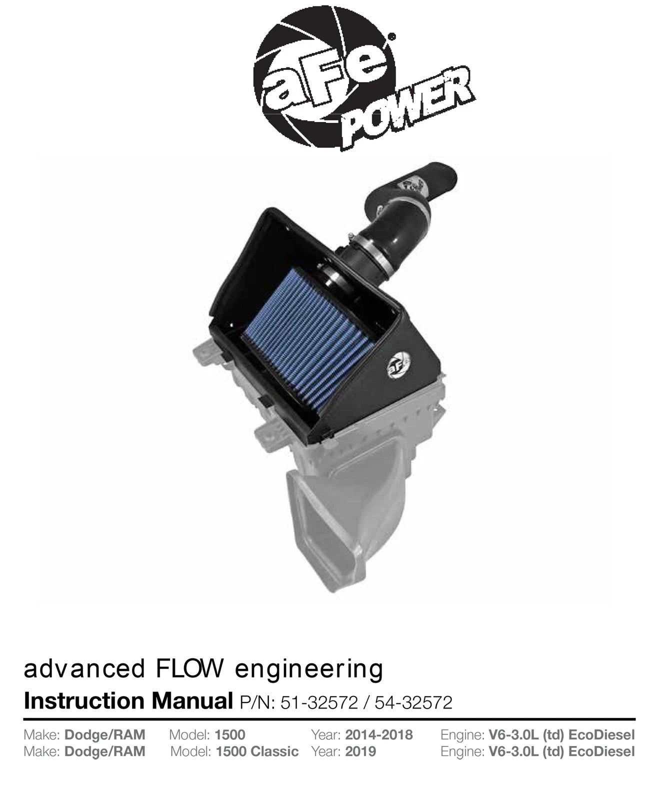 aFe MagnumFORCE XP Air Intake System Stage-2 PRO 5R 2014 Dodge RAM 1500 V6 3.0L Truck (EcoDiesel)