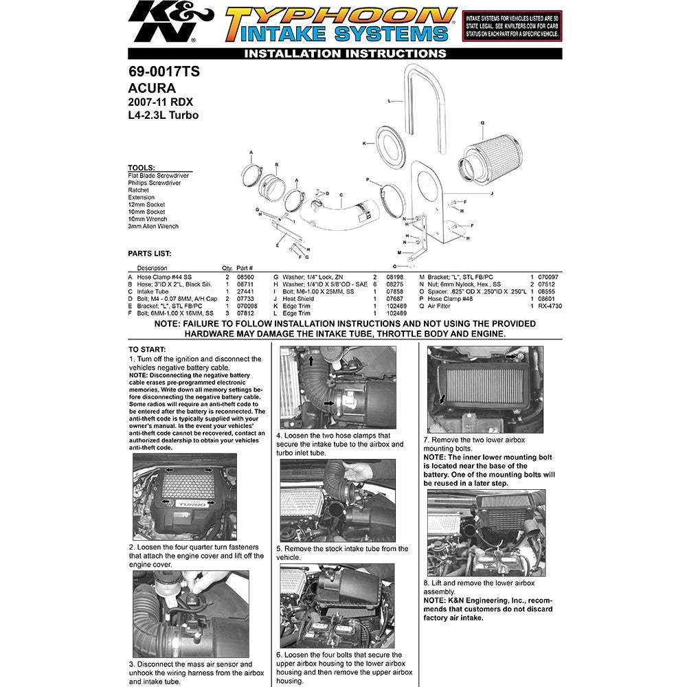 K&N 07-08 Acura RDX L4-2.3L Silver Typhoon Short Ram Intake