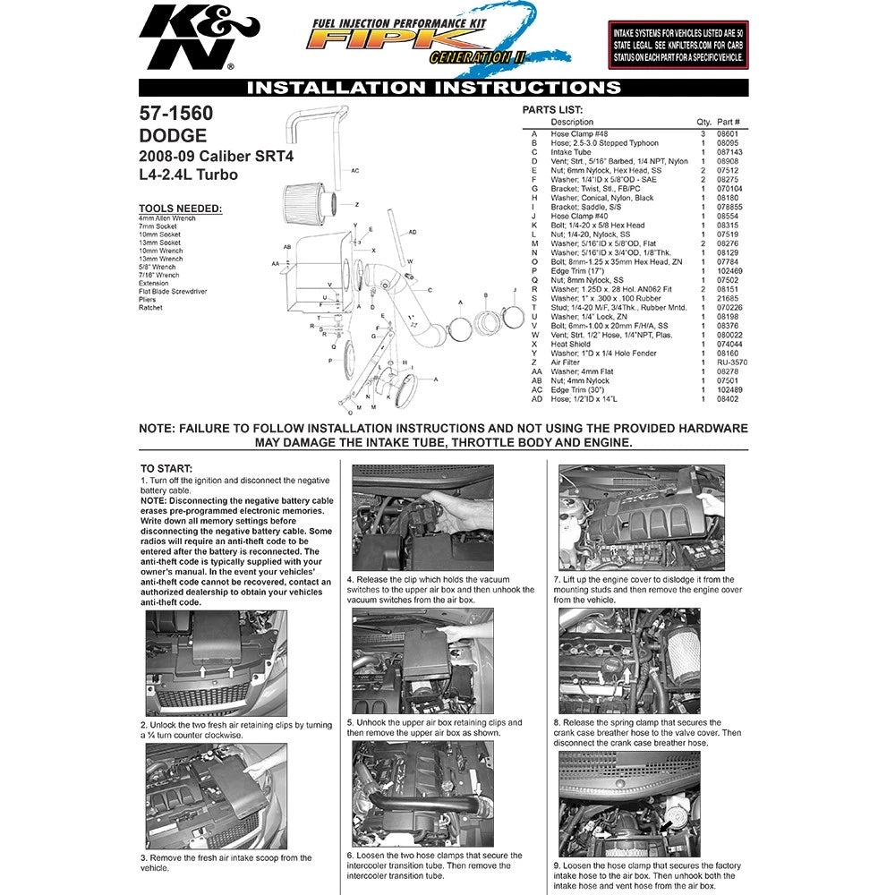 K&N 08-09 Dodge Caliber SRT-4 (L4) 2.4L Performance Intake