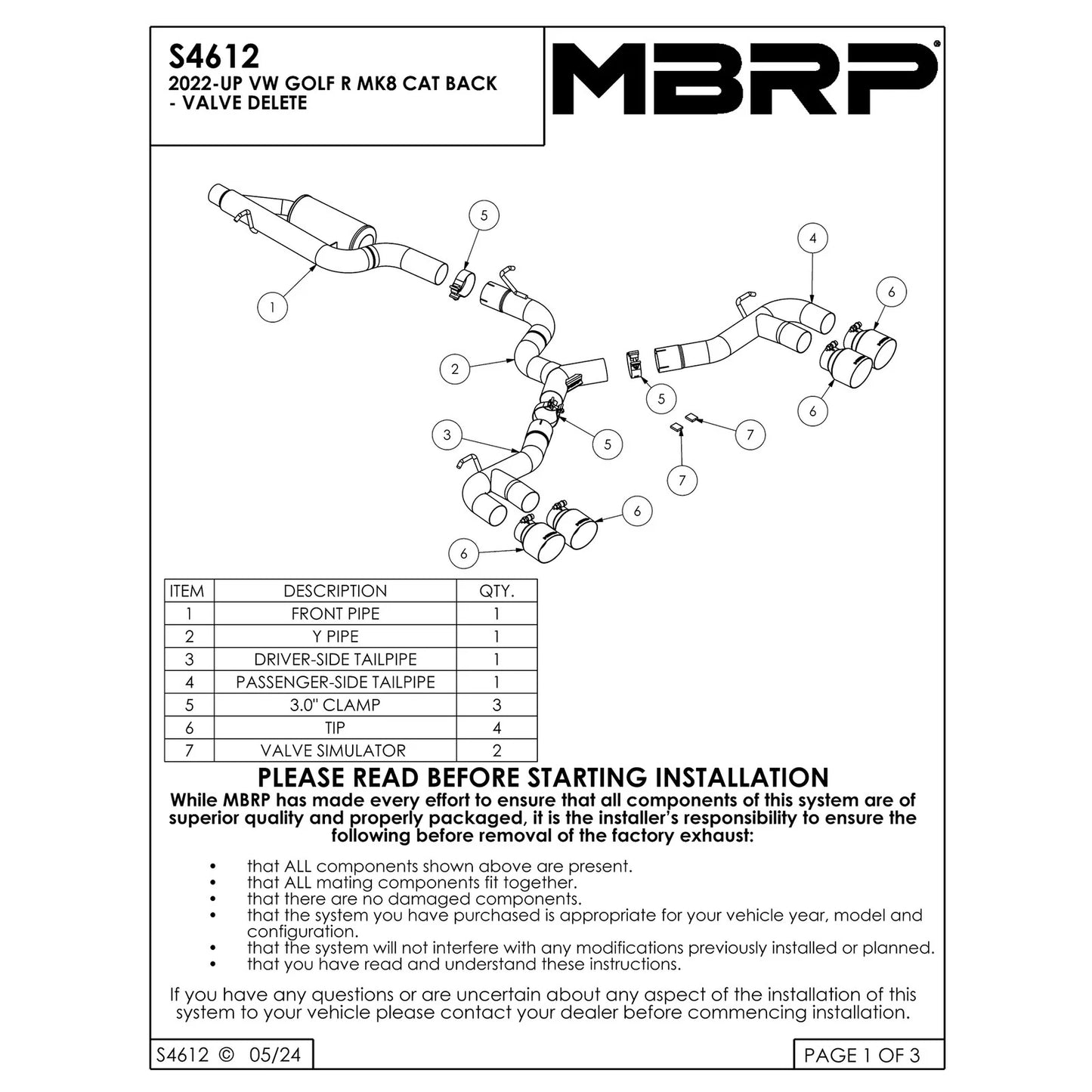 MBRP 2022 Volkswagen Golf R MK8 3in Cat-Back Quad Rear w/ Carbon Fiber Tips Valve Delete Exhaust