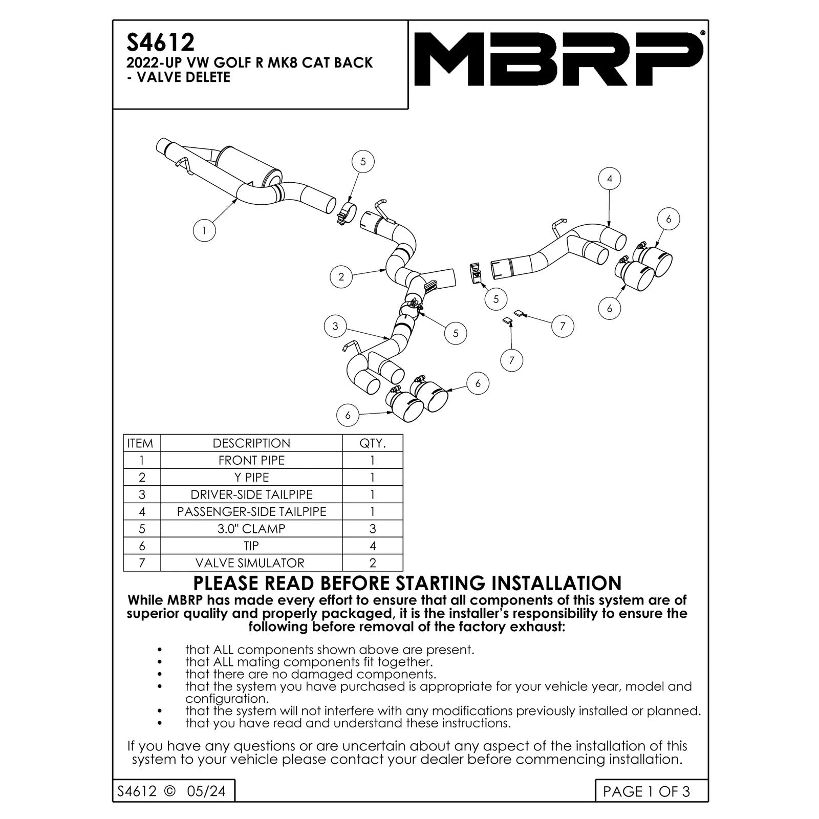 MBRP 2022 Volkswagen Golf R MK8 3in Cat-Back Quad Rear w/ Carbon Fiber Tips Valve Delete Exhaust