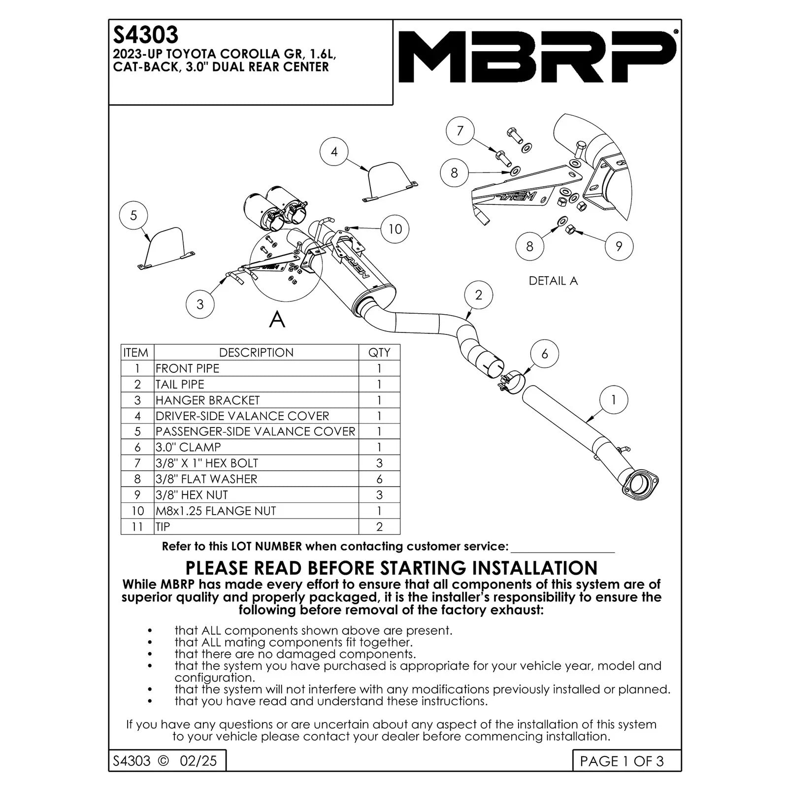 MBRP 2023 Toyota Corolla GR 1.6L T304 SS 3in Cat-Back Dual Center Rear w/ Burnt End Tips