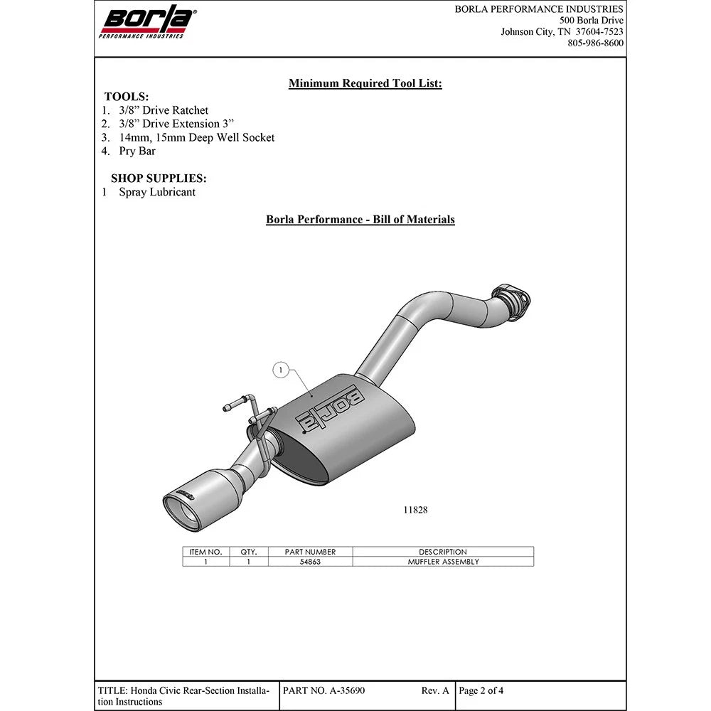 Borla 12-15 Honda Civic LX/HF/GX/EX-L/EX/DX 1.8L 4cyl FWD SS Exhaust (rear section only)