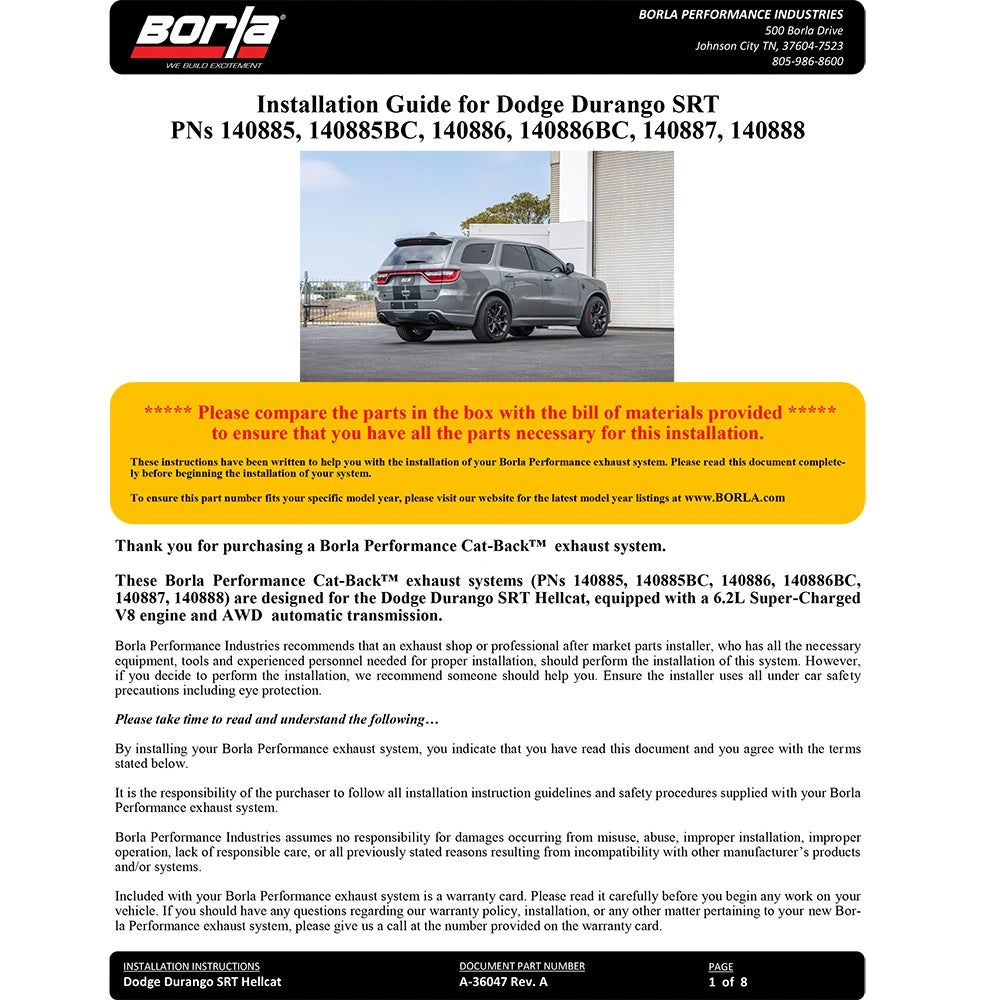 Borla 18-20 Dodge Durango SRT 6.2L V8 2.75in ATAK SS Catback Exhaust w/ BLK Chrome Tips