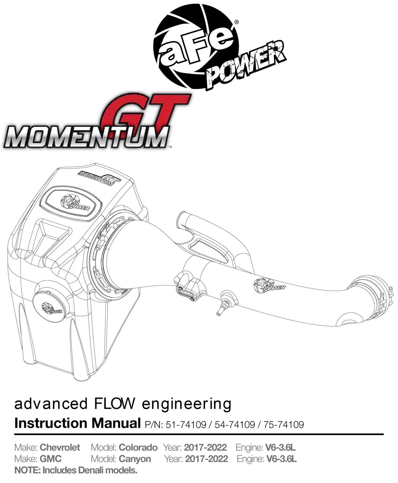 aFe Momentum GT PRO 5R Stage-2 Si Intake System, GM Silverado/Sierra 17-19 V6 3.6L