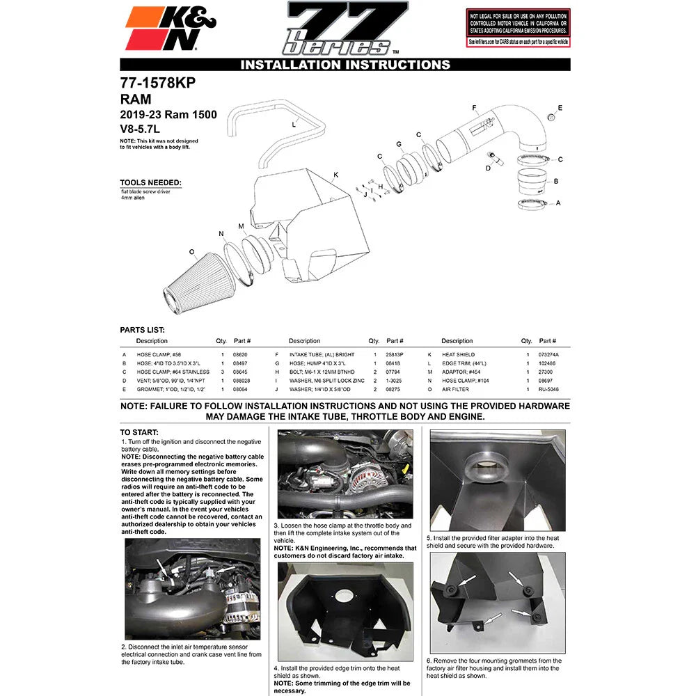 K&N 2019 Dodge Ram 1500 5.7L V8 F/I High Flow Performance Kit