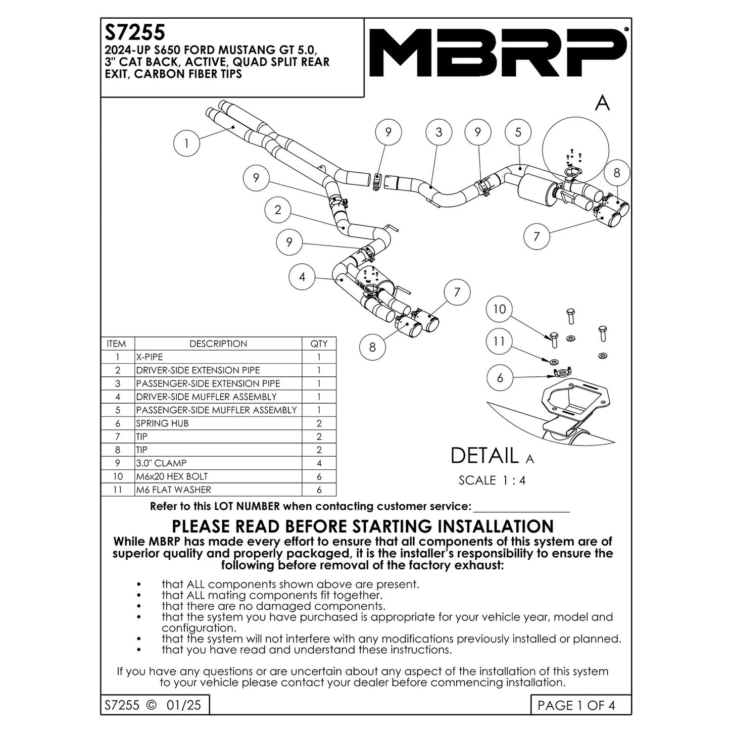 MBRP 2024+ For Mustang GT (S650) 3in Cat-Back Quad Tip - 4in Carbon Fiber Tips