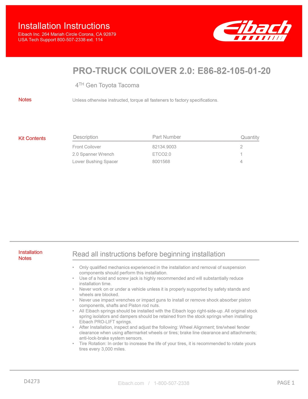 Eibach Pro-Truck Coilover 2.0 Front for 24-25 Toyota Tacoma 2WD/4WD