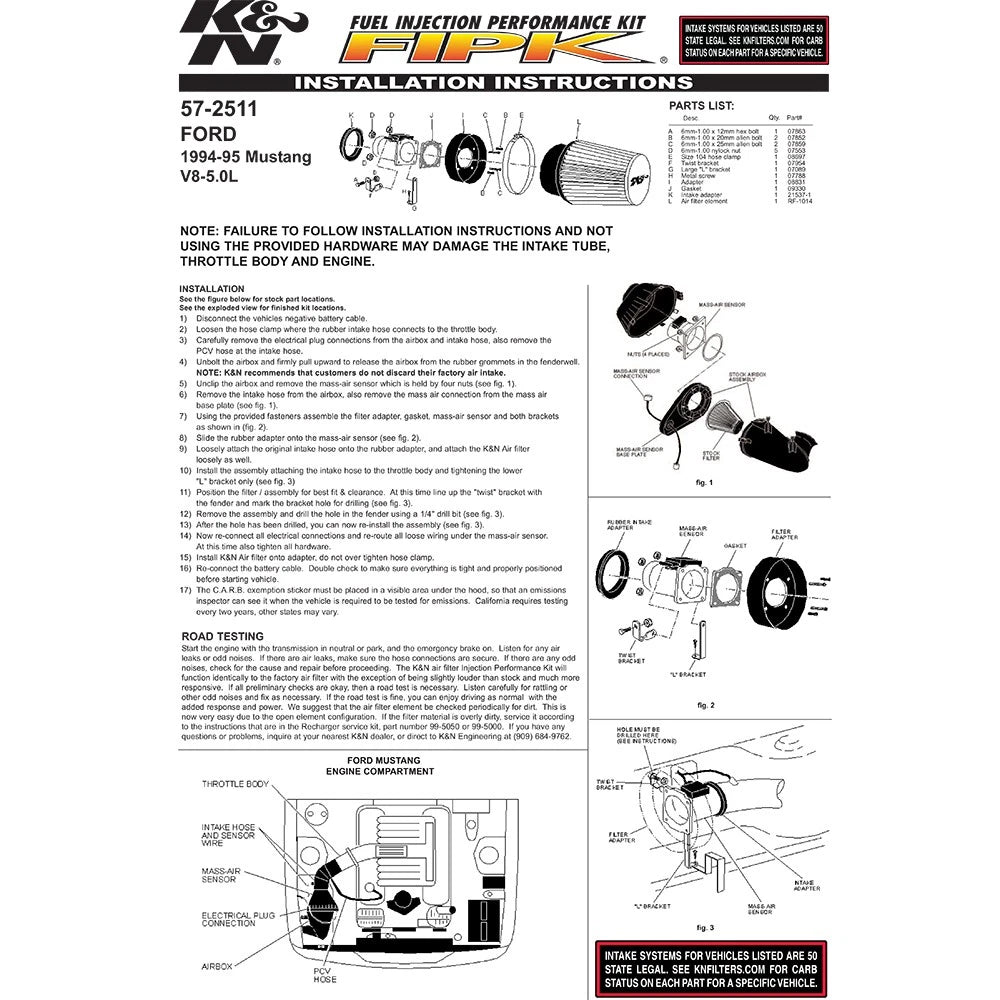 K&N 94-95 Ford Mustang V8-5.0L Performance Intake Kit