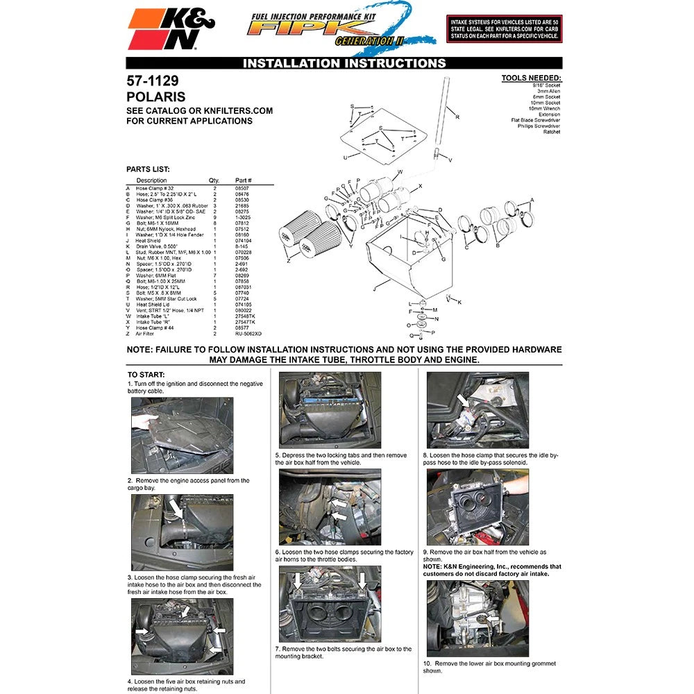 K&N 11-14 Polaris RZR 900 875CC Performance Intake Kit
