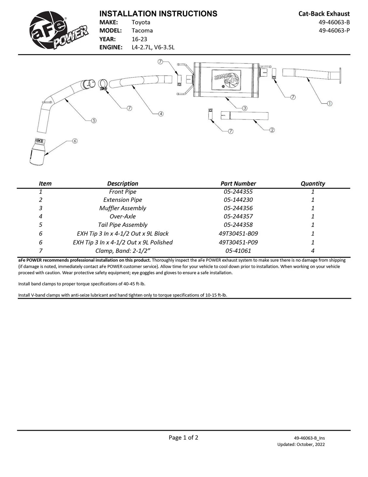 aFe 16-22 Toyota Tacoma Apollo GT Series 2.5in. - 3in. 409 SS Cat-Back Exhaust System w/ Black Tip