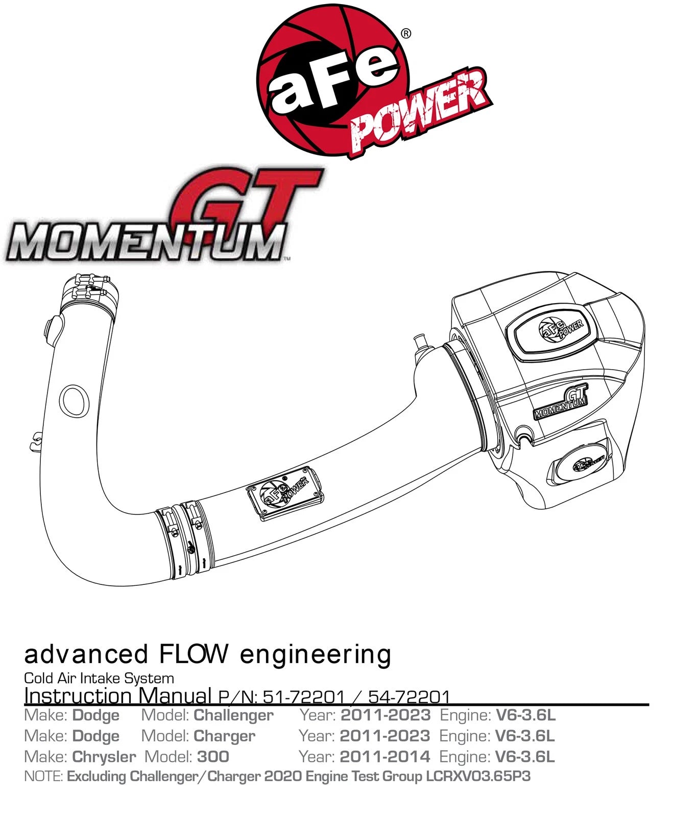 aFe Momentum GT Dry S Stage-2 Intake System 11-15 Dodge Challenger/Charger V6-3.6L