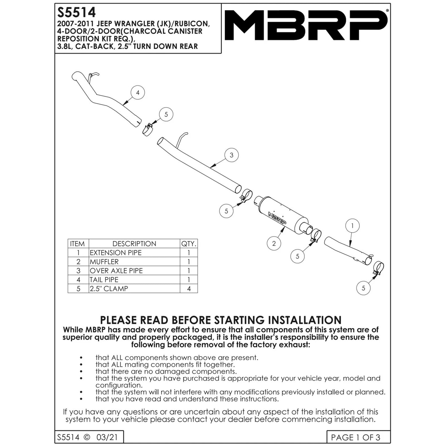 MBRP 2007-2009 Jeep Wrangler (JK) 3.8L V6 4 dr Off-Road Tail Pipe Muffler before Axle
