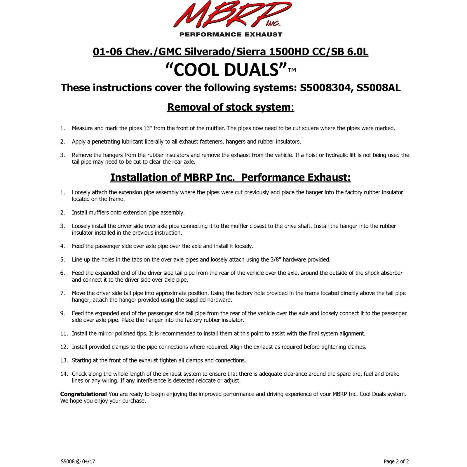 MBRP 2003-2007 Chev/GMC 1500 HD Classic 6.0L CC-SB Cat Back Dual Split Side