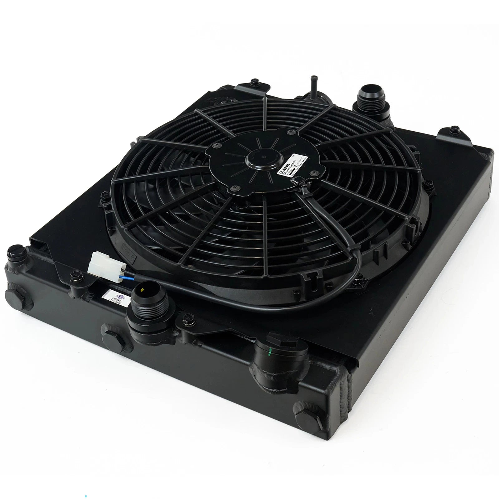CSF Universal Half Radiator w/-16AN & Slip-On Fittings/12in SPAL Fan & Shroud - Black Finish