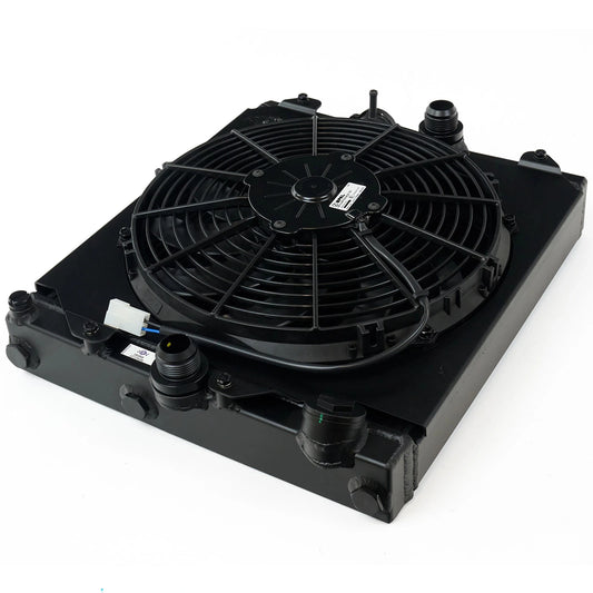 CSF Universal Half Radiator w/-16AN & Slip-On Fittings/12in SPAL Fan & Shroud - Black Finish
