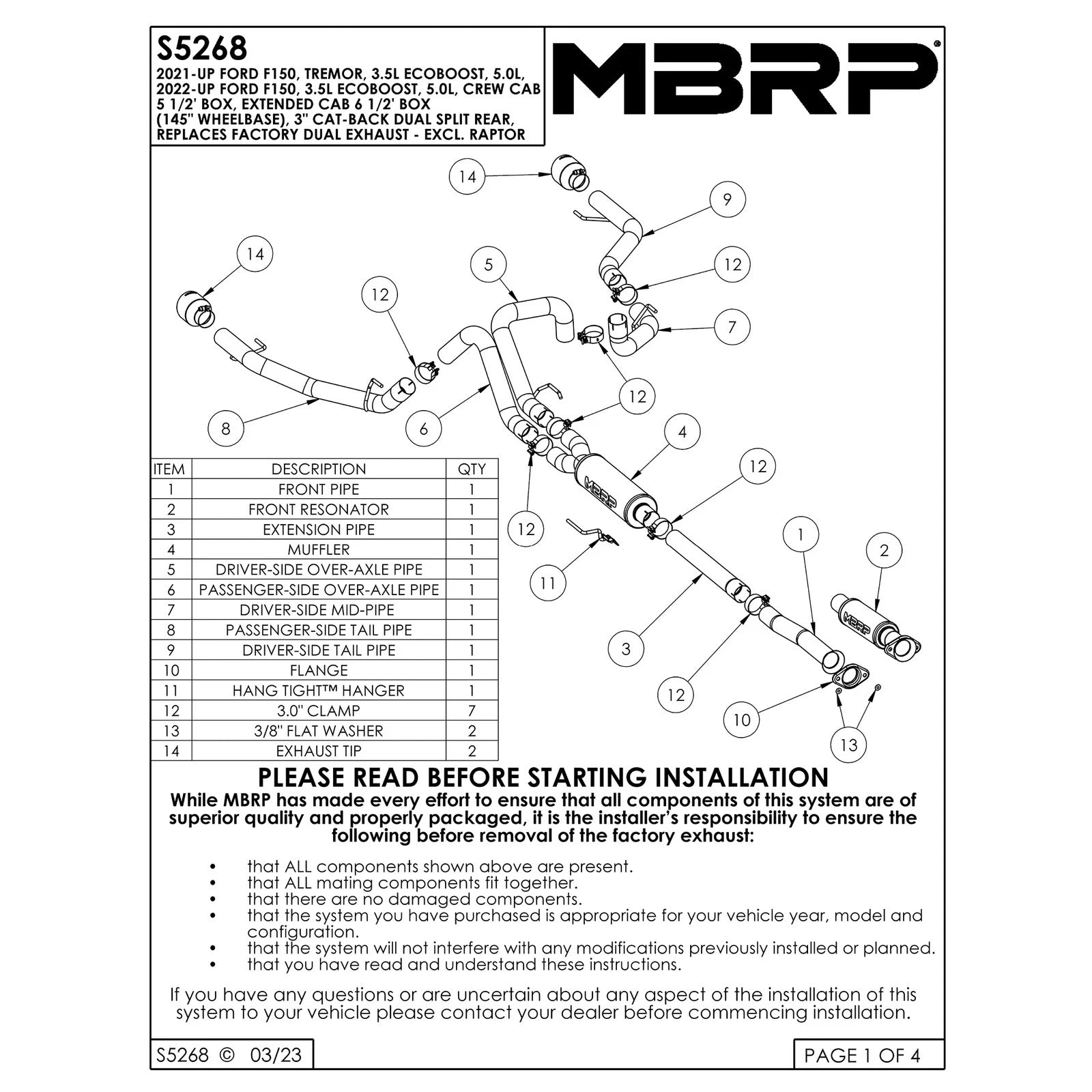 MBRP 22-23 Ford F150 T304 5in OD Carbon Fiber Tip Dual Rear Exit 3in Cat Back Exhaust