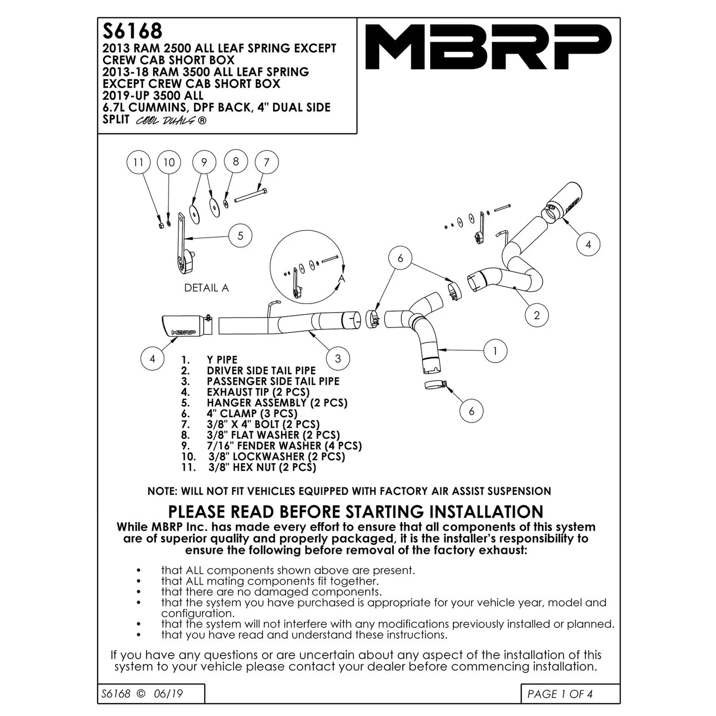 MBRP 13-15 Dodge 25/3500 Cummins 6.7L(Excl. CC/SB)4in Filter Back Cool Duals AL(Leaf Spring)