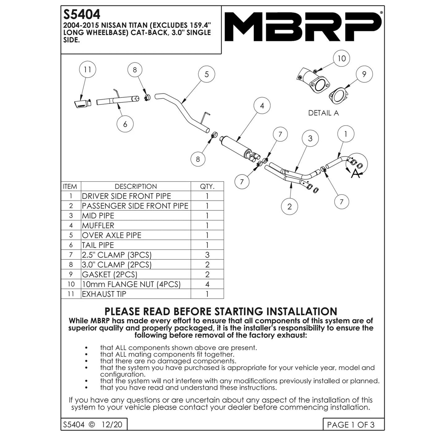 MBRP 2007-2009 Nissan Titan 5.6L EC/CC Cat Back Single Side