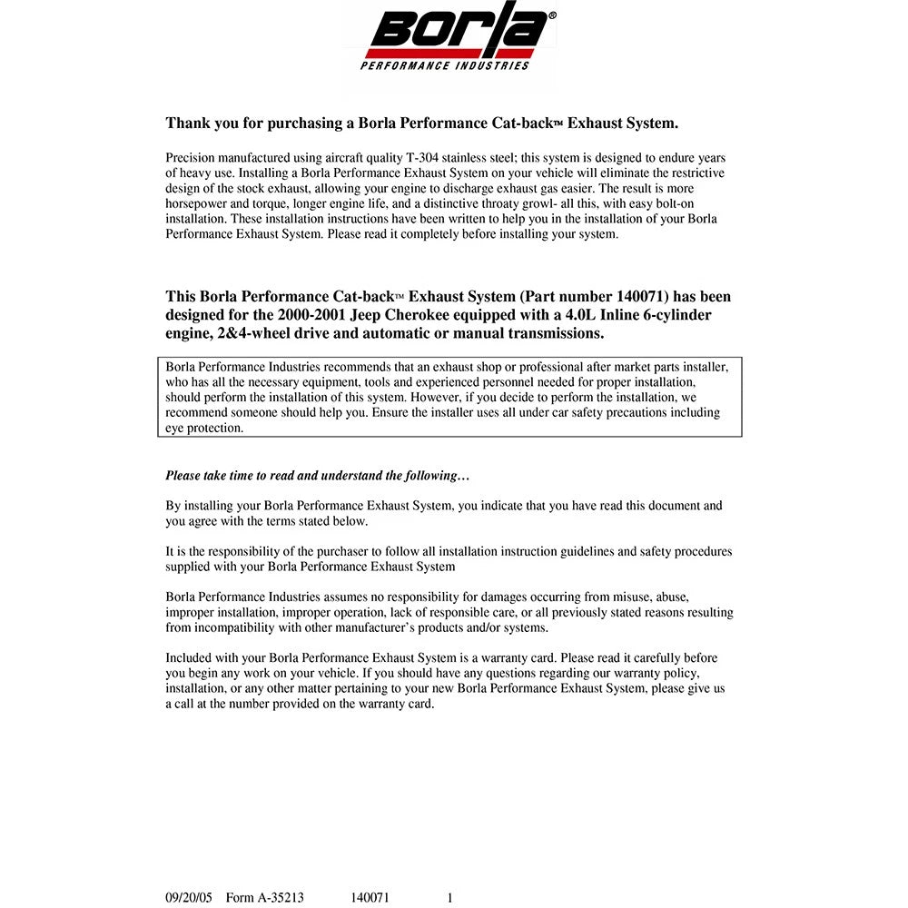 Borla 00-01 Jeep Cherokee 4.0L AT/MT 2WD/4WD SS Cat-Back Exhaust