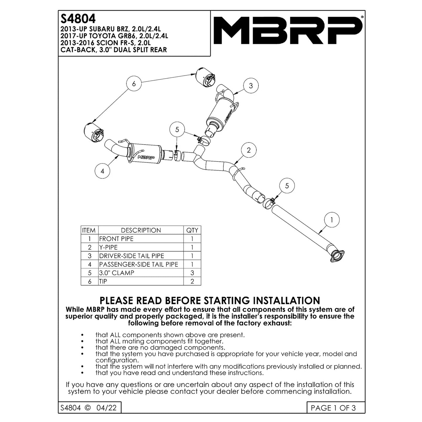 MBRP 13-16 Subaru BRZ 2.0L/ 2.4L 3in Dual Split Rear Cat Back w/Burnt End Tips- T304