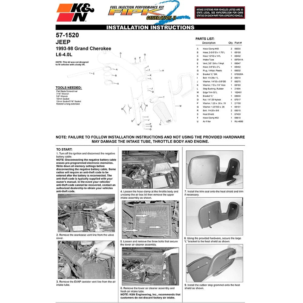 K&N 93-98 Jeep Grand Cherokee L6-4.0L Performance Intake Kit