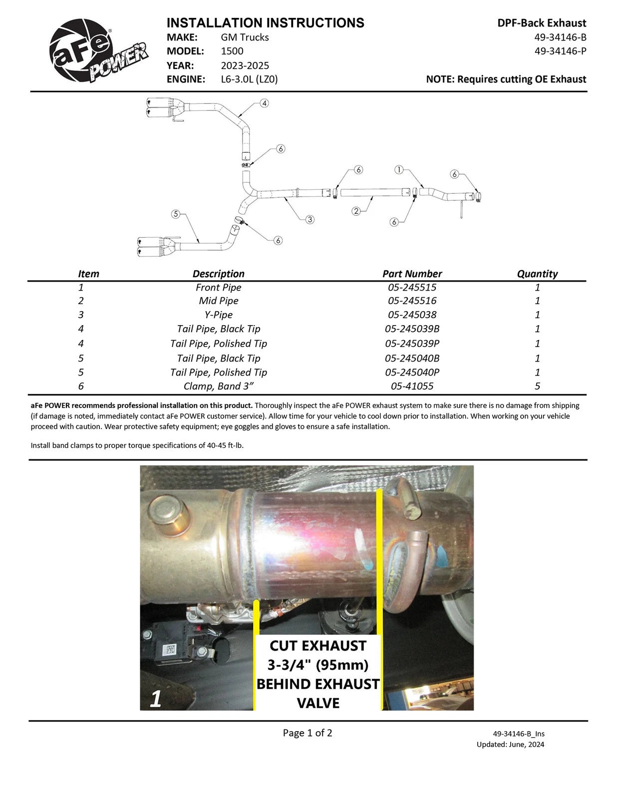 aFe 23-24 GM Trucks L6-3.0L (td) LZ0 Vulcan Series 3in 304 SS DPF-Back Exhaust System w/ Black Tip