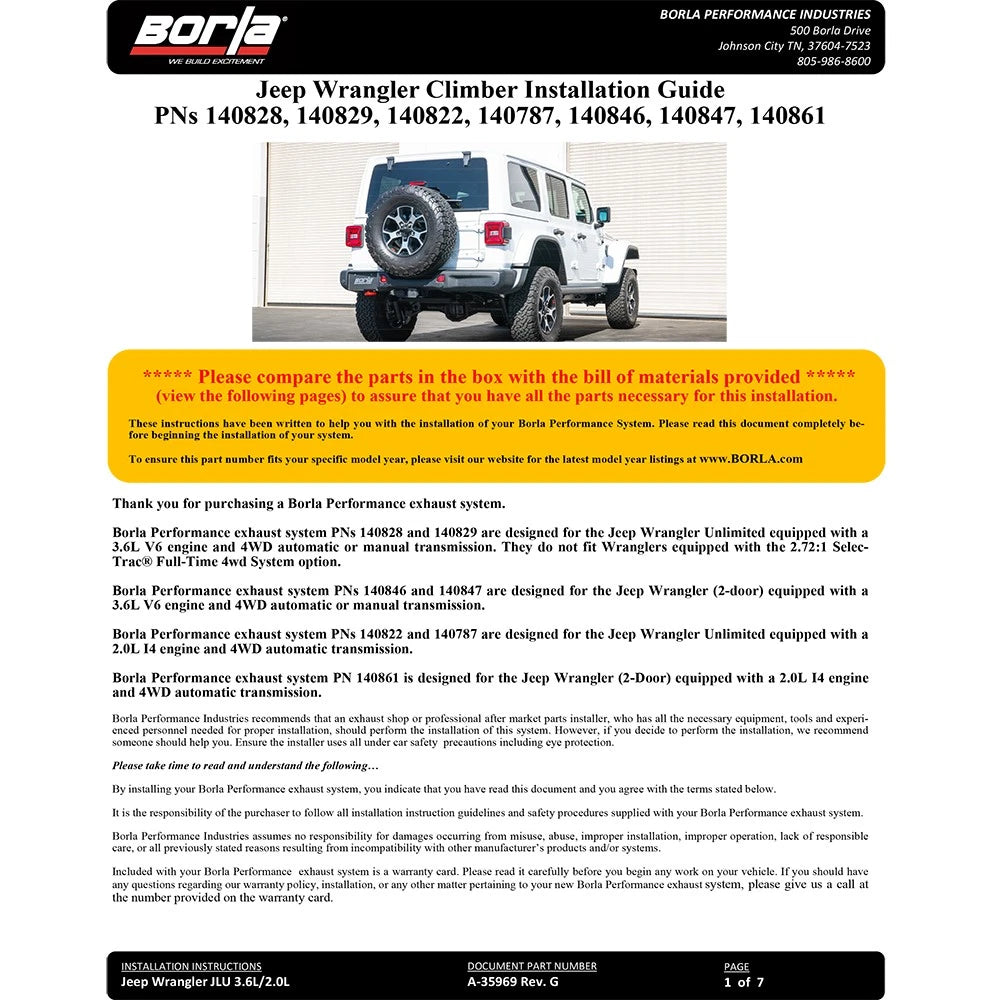 Borla 18-20 Jeep Wrangler 3.6L AT/MT 4WD 2DR Touring Cat-back