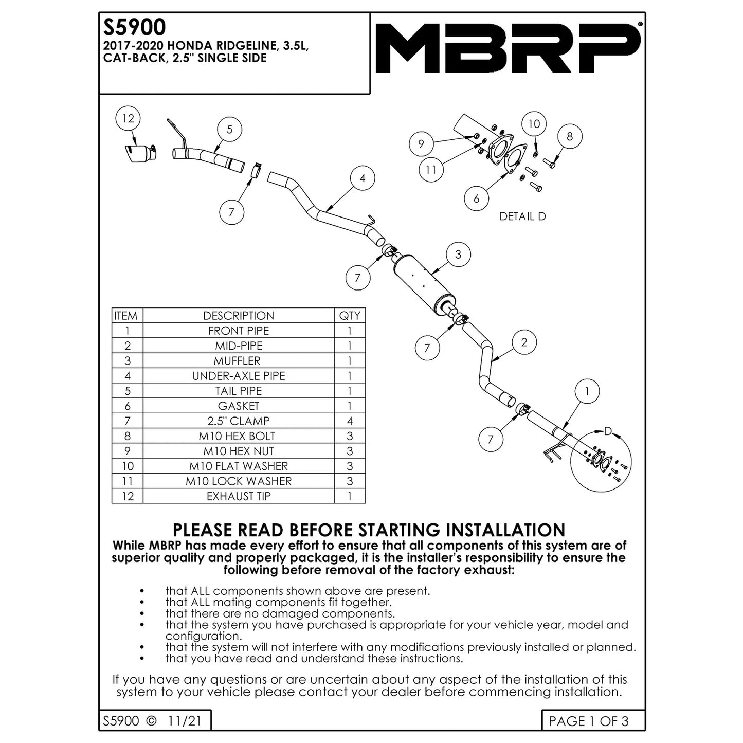 MBRP 17-20 Honda Ridgeline 3.6L Aluminized Steel 2.5in. Cat-Back Exhaust - Single Side