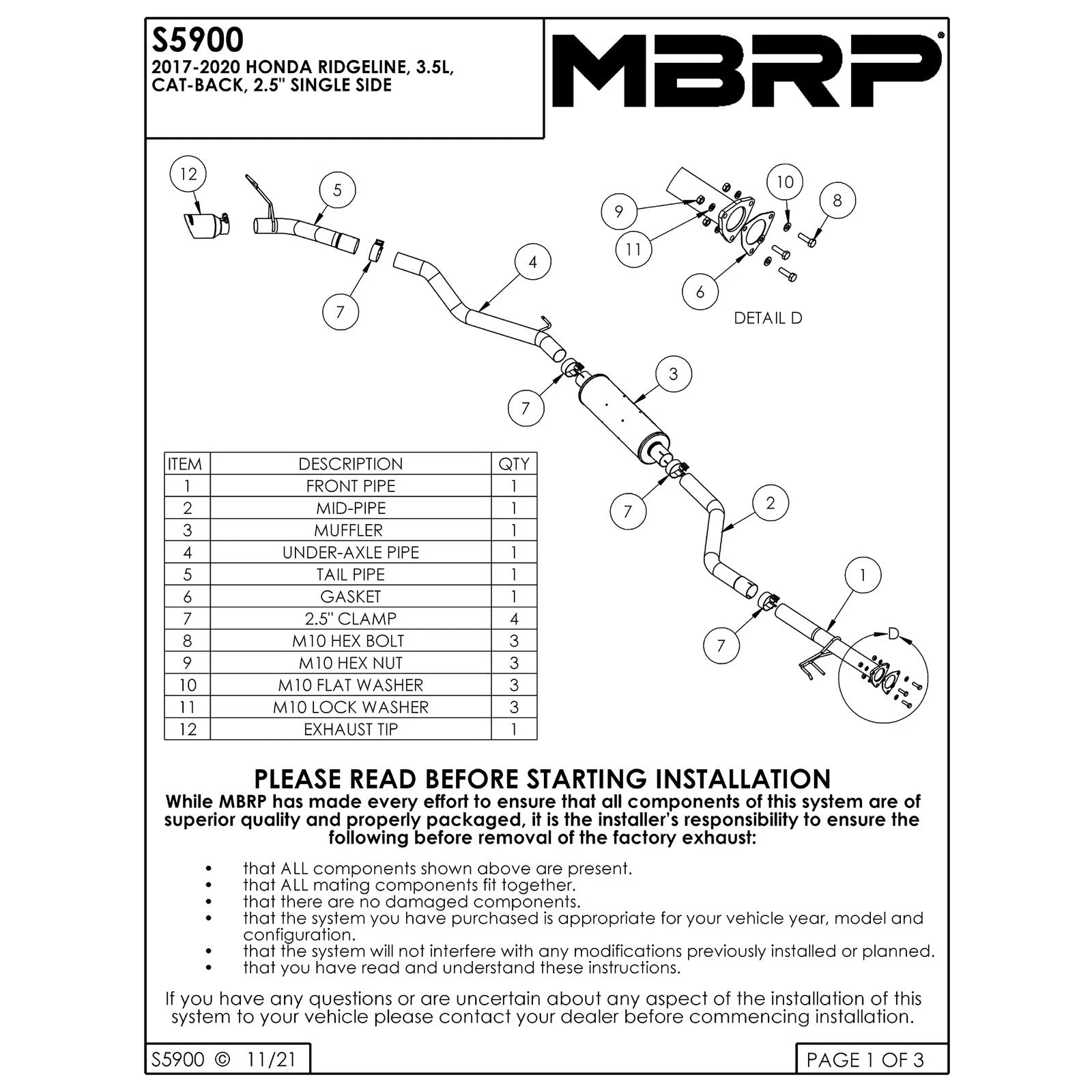 MBRP 17-20 Honda Ridgeline 3.6L Aluminized Steel 2.5in. Cat-Back Exhaust - Single Side