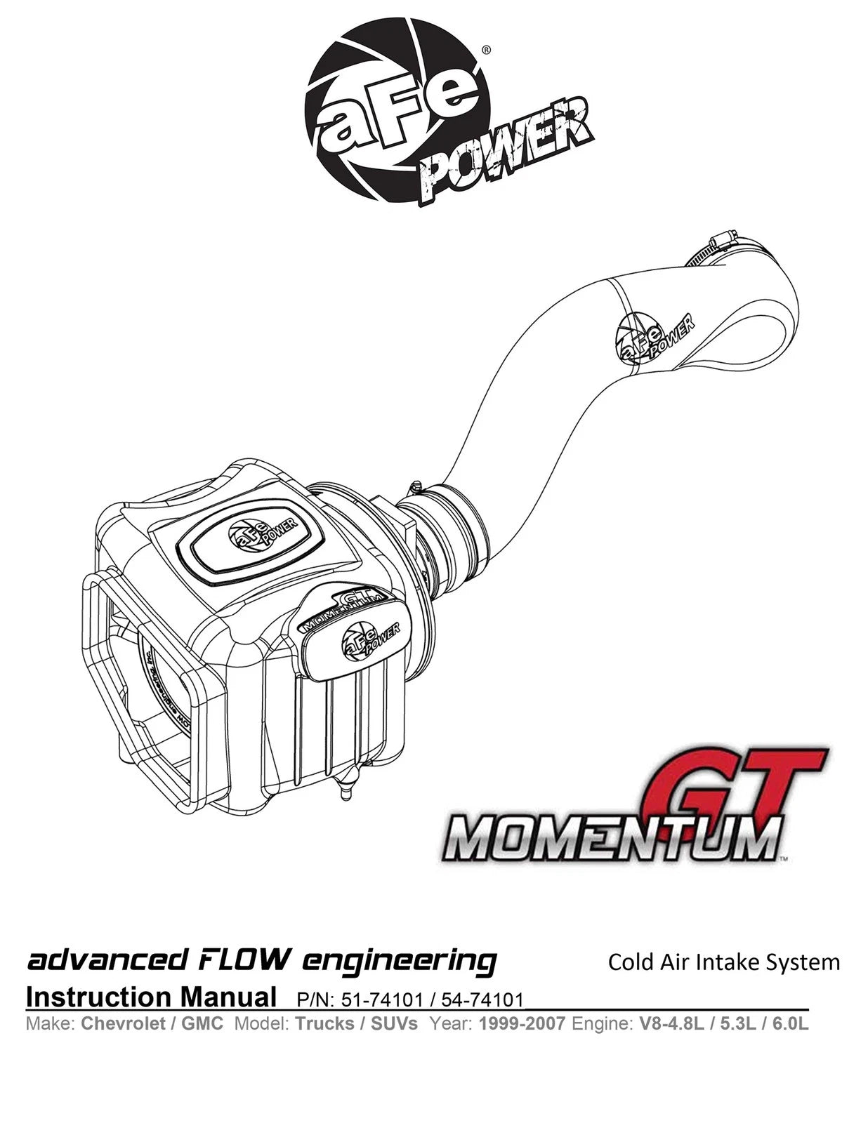 aFe Momentum GT PRO 5R Stage-2 Si Intake System, GM Trucks/SUVs 99-07 V8 (GMT800)