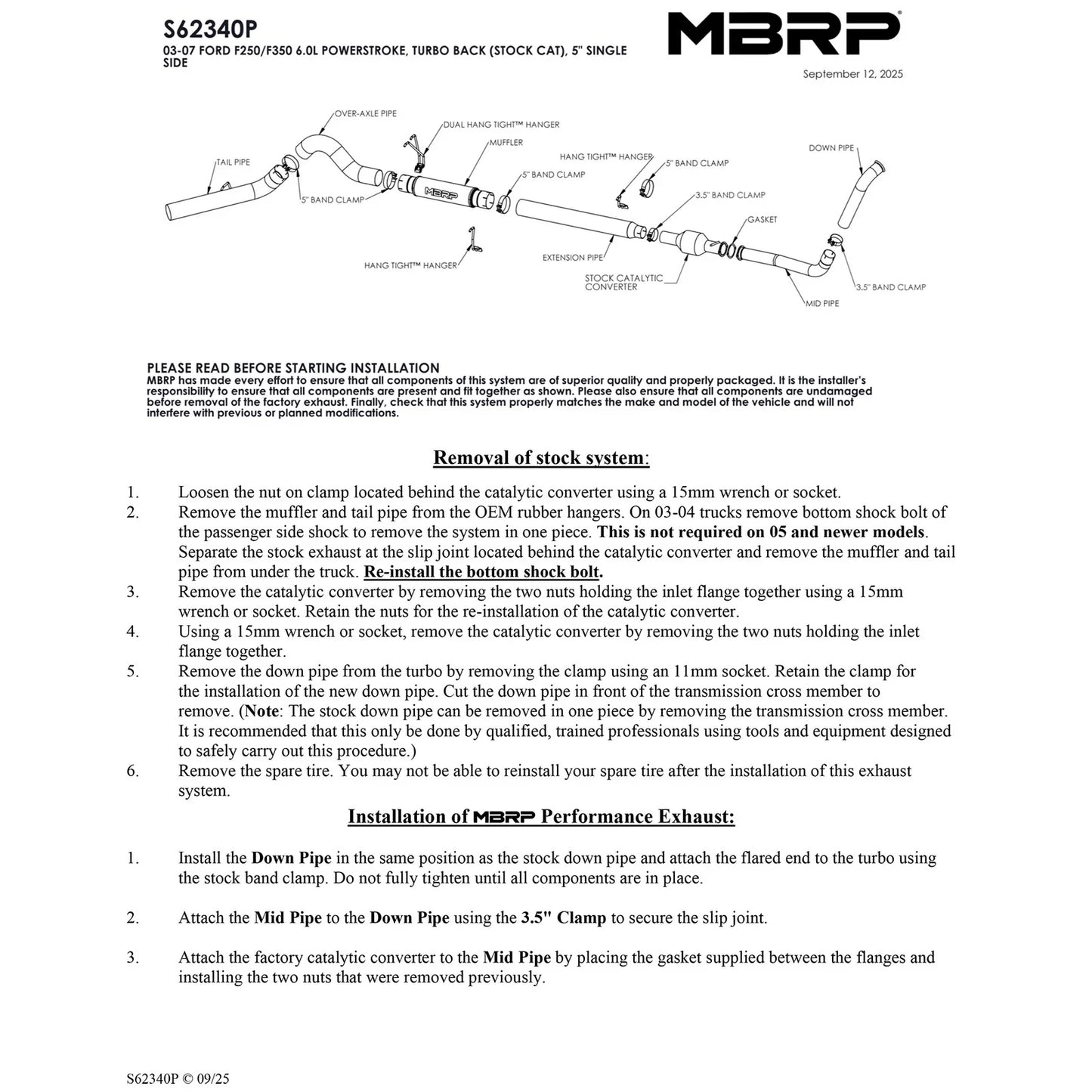 MBRP F-250/350 6.0L EC/CC 5in Turbo Back (Stock Cat) Single Side Exit AL
