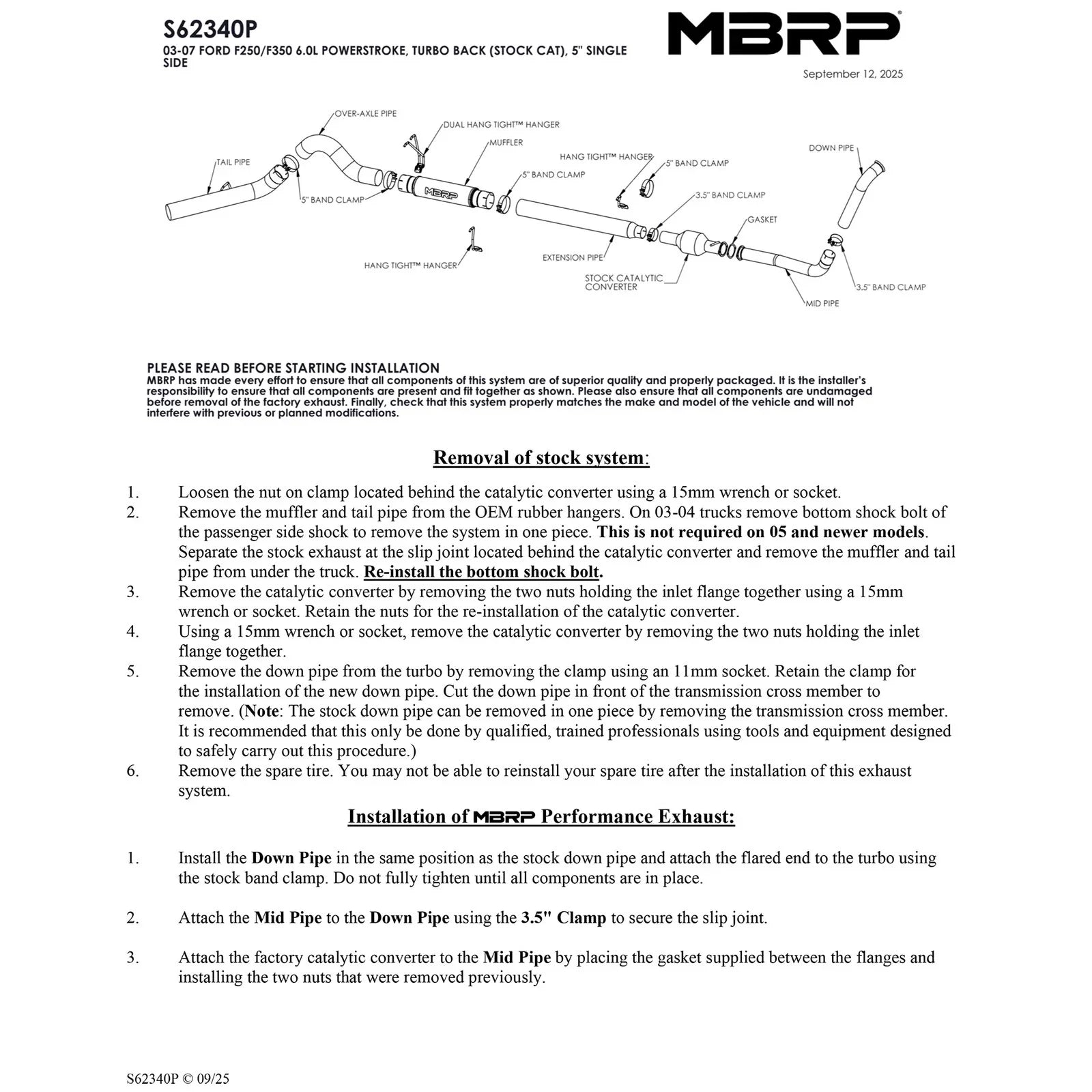 MBRP F-250/350 6.0L EC/CC 5in Turbo Back (Stock Cat) Single Side Exit AL