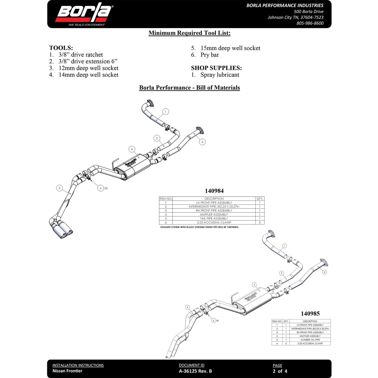 Borla 22-24 Nissan Frontier S-Type Cat Back System - Black Chrome