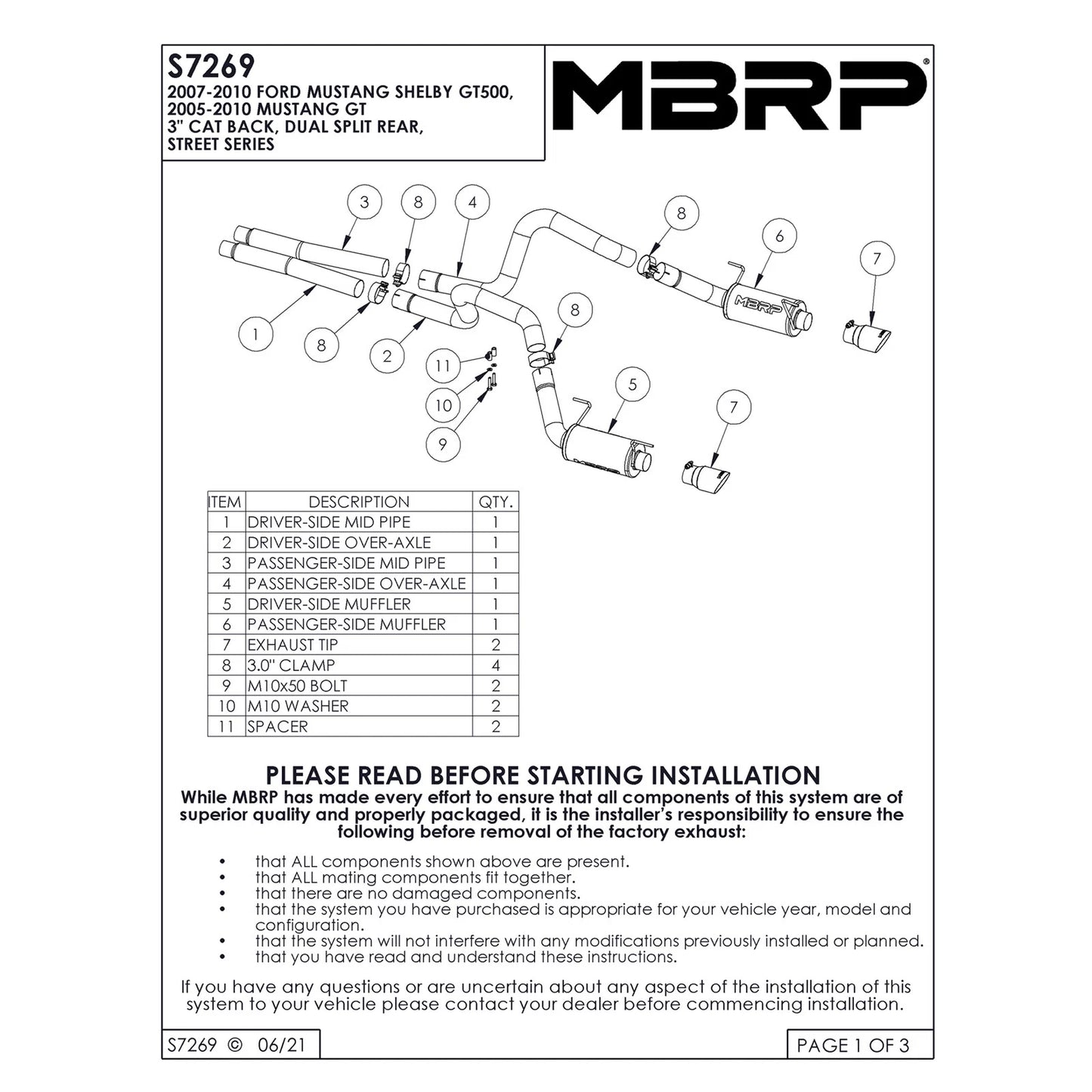 MBRP 05-09 Ford Shelby GT500 / GT Dual Split Rear Street Version 4in Tips T409 Exhaust System