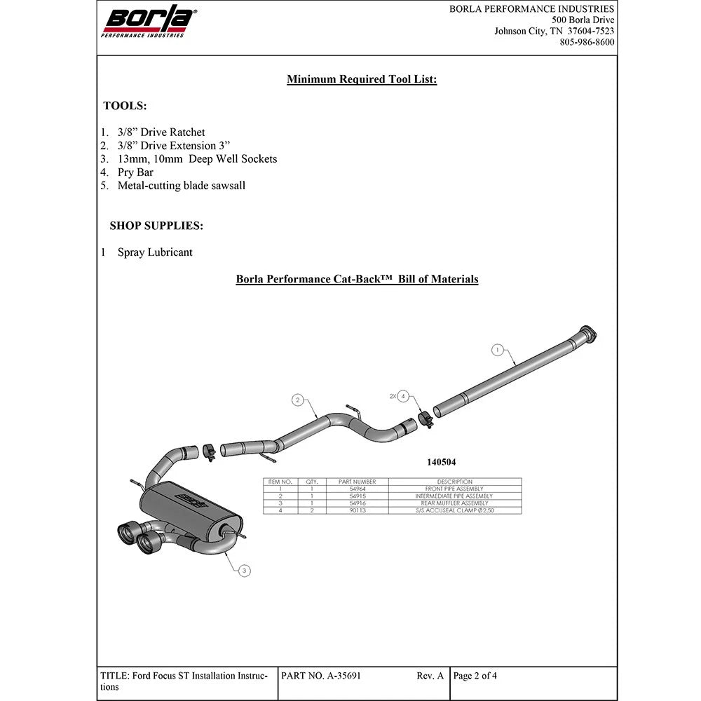 Borla 13-16 Ford Focus ST 5dr Hatchback Catback Exhaust