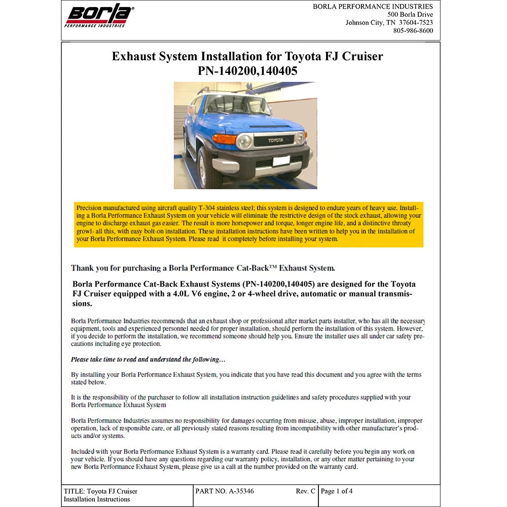 Borla 10-11 Toyota FJ Cruiser 4.0L 6cyl AT/MT SS Catback Exhaust