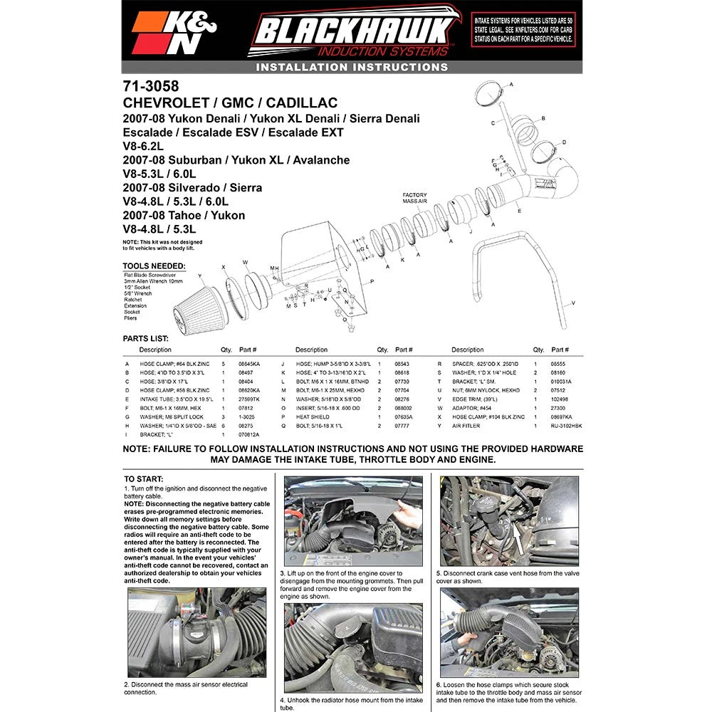 K&N 07-08 Chevy Silverado 1500 4.8L/5.3L V8 / 07-08 GMC Yukon 4.8L/5.3L V8 Black Perf Intake Kit
