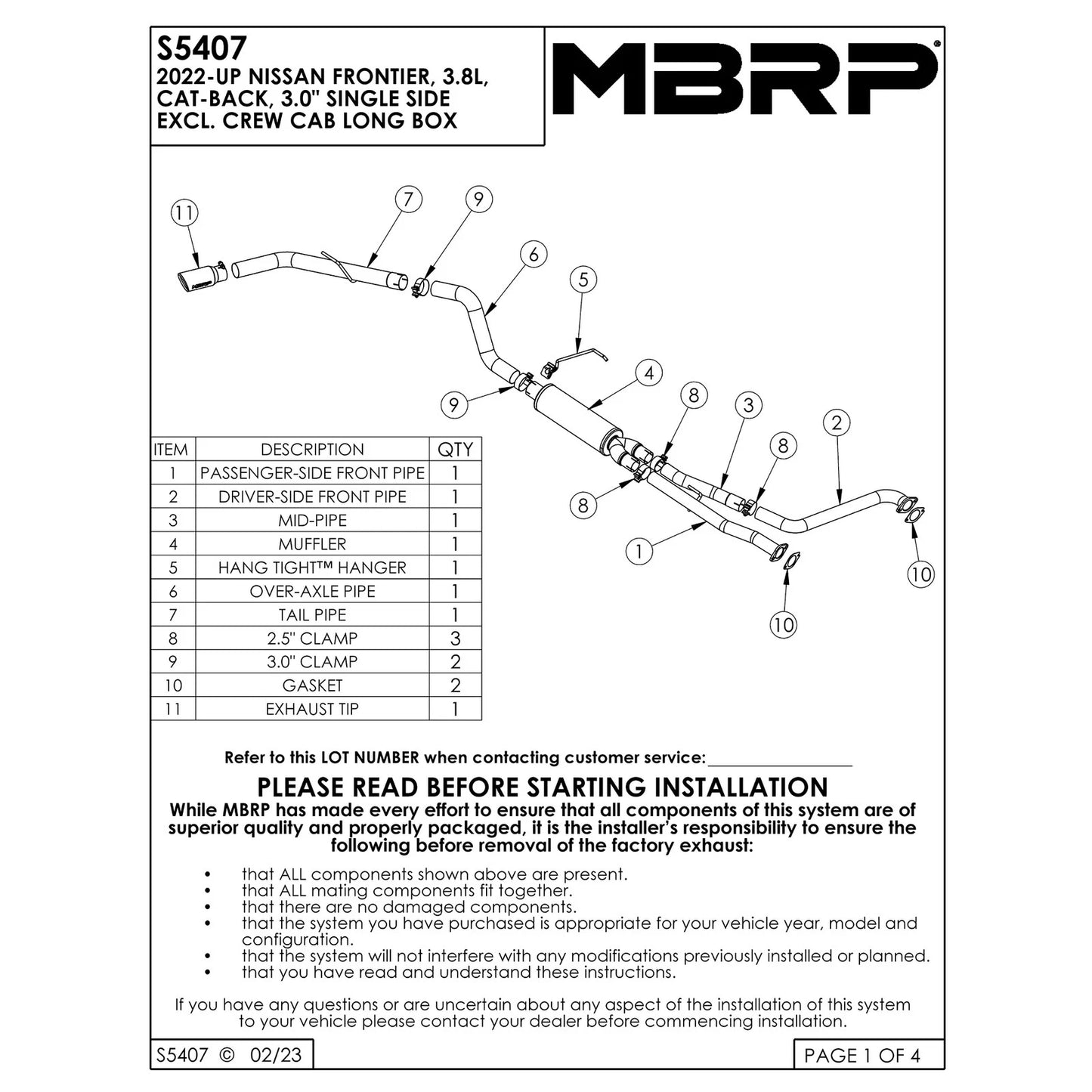 MBRP 22-23 Nissan Frontier 3.8L 3in Tip 3in Cat Back Single Side Exit Street Profile - T304