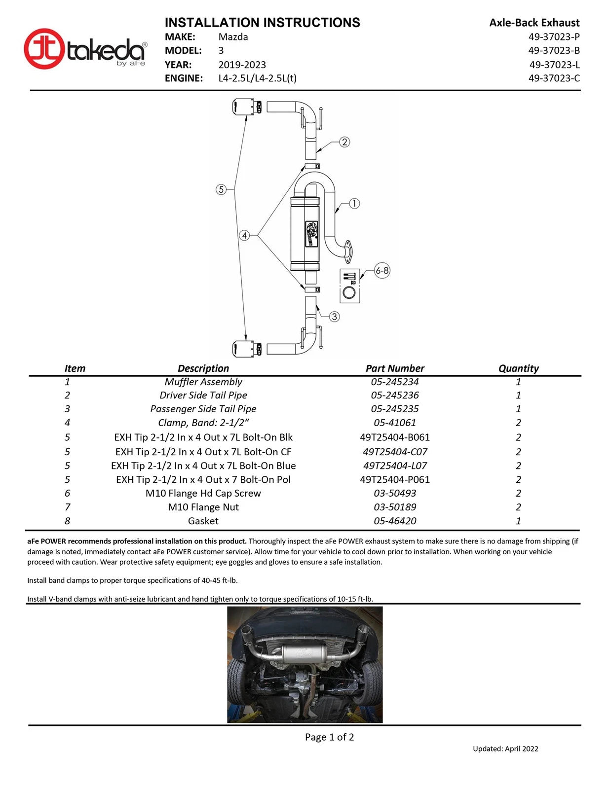 aFe 19-22 Mazda 3 L4 2.5L Takeda 3in to 2-1/2in 304 Stainless Steel Axle-Back Exhaust w/Polished Tip