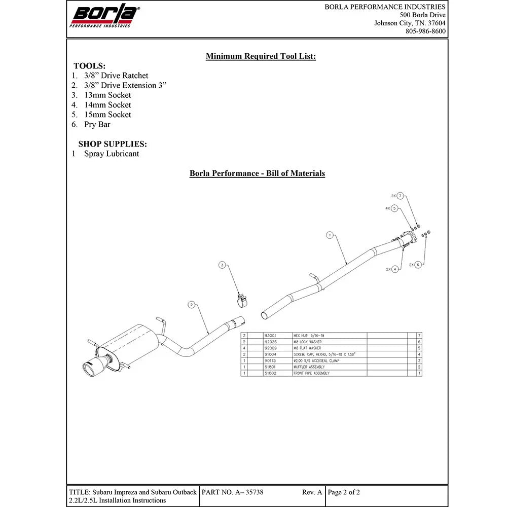 Borla 00 Subaru Impreza 2.2L/2.5L / 00-01 Outback 2.2L/2.5L Catback Exhaust