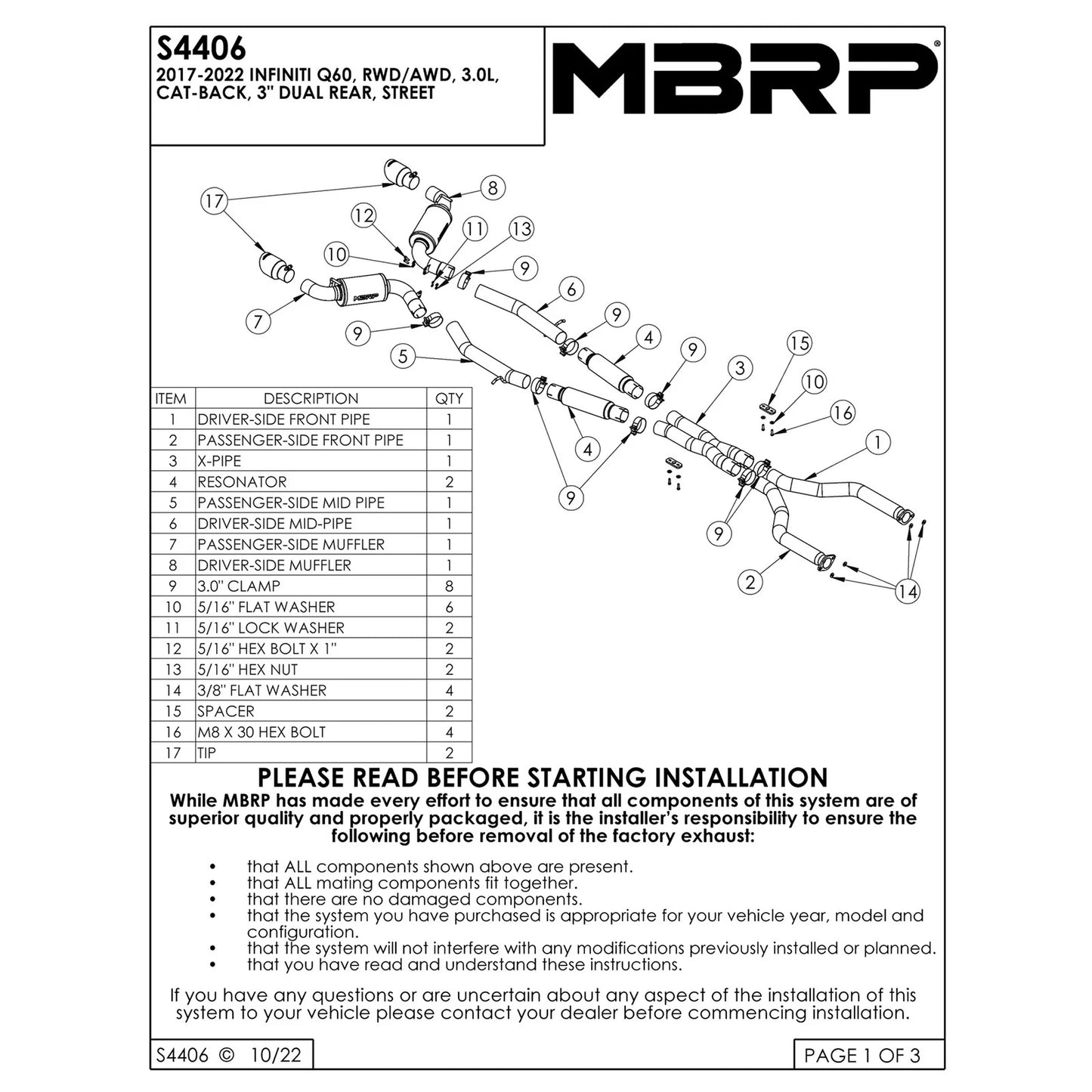 MBRP 17+ Infiniti Q60 3.0L RWD/AWD 3in Cat-Back Dual Split Rear Street Version w/4.5in OD Tips -T304