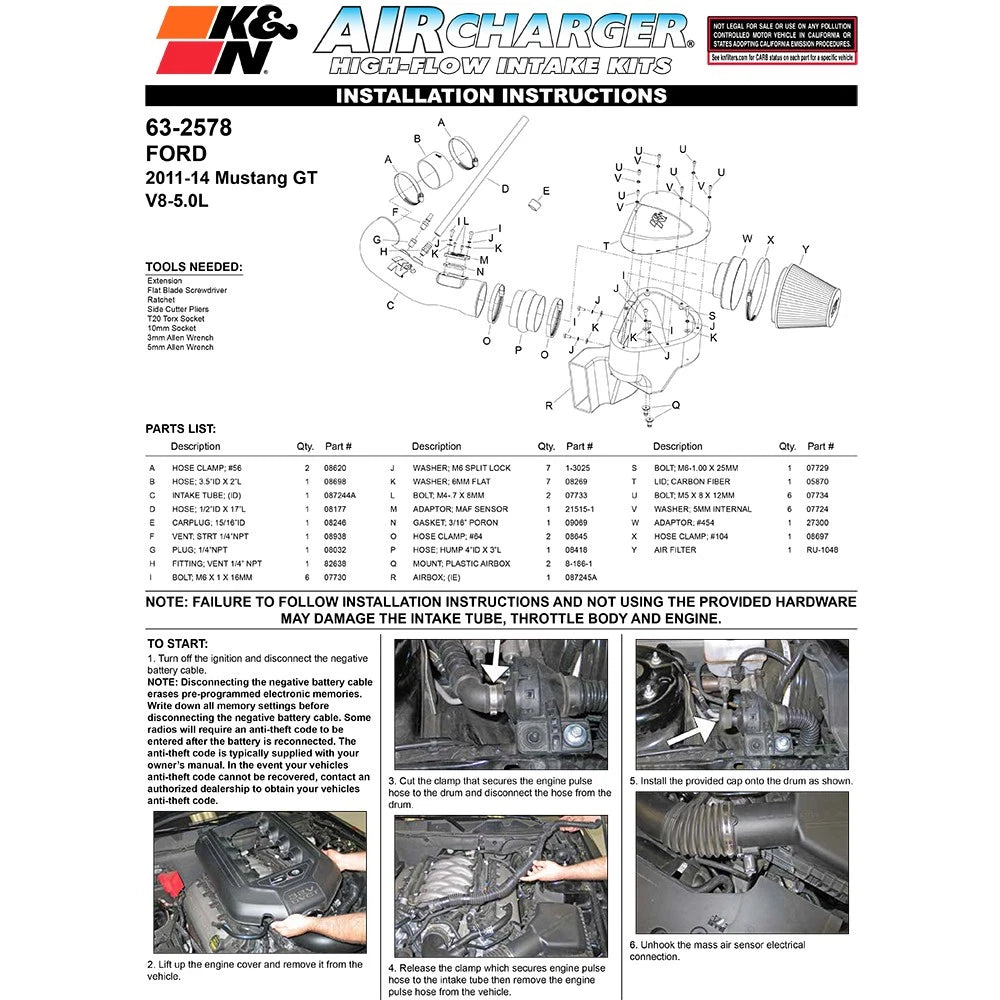 K&N 11-12 Ford Mustang GT 5.0L V8 AirCharger Performance Intake Kit