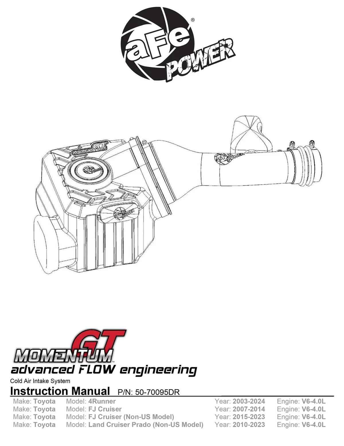 aFe Momentum GT Red Edition Cold Air Intake System w/ Pro DRY S Filt Toyota FJ Cruiser 07-23 V6-4.0L
