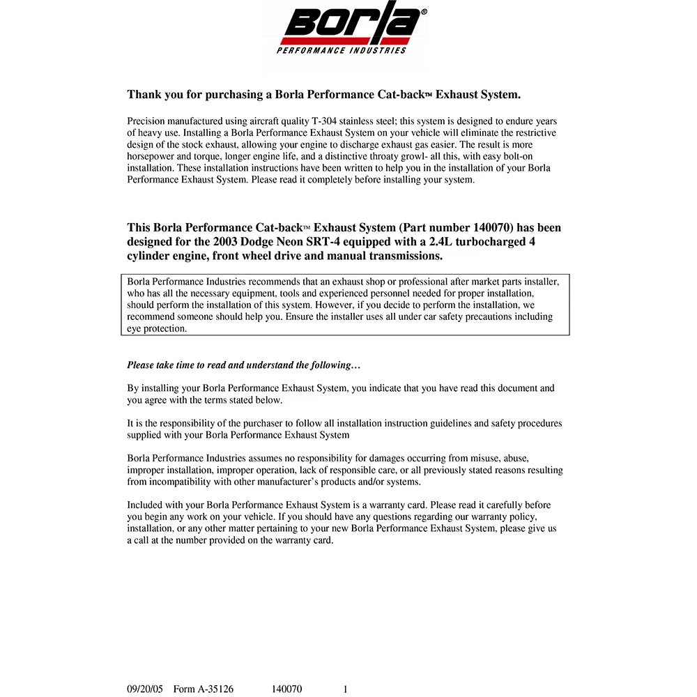 Borla 03-05 SRT4 Cat-Back Exhaust